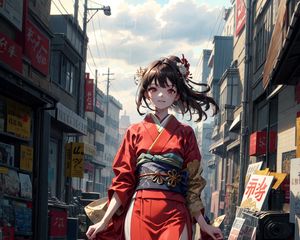 Превью обои девушка, кимоно, движение, улица, здания, аниме