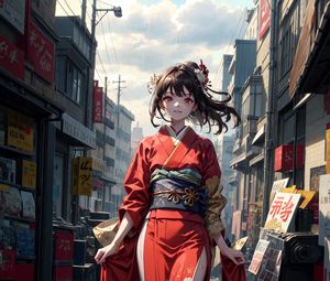 Превью обои девушка, кимоно, движение, улица, здания, аниме