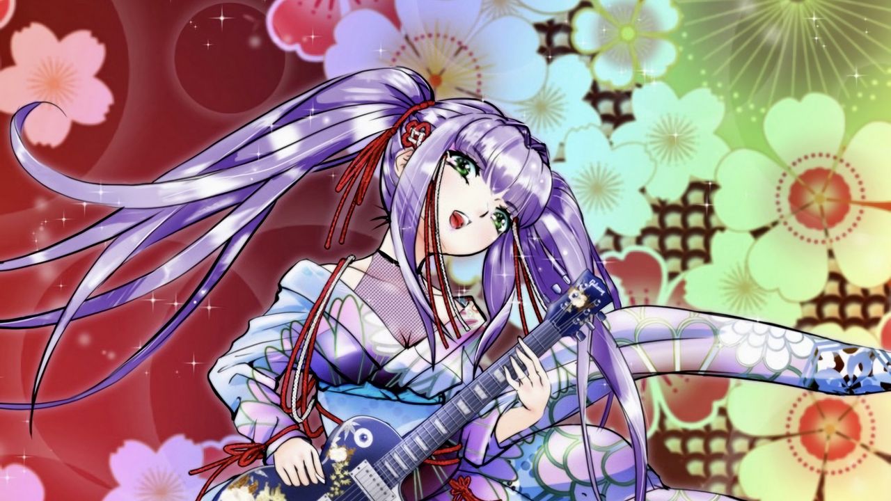 Обои девушка, кимоно, электрогитара, гитара, музыка, аниме