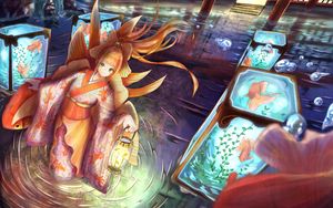 Превью обои девушка, кимоно, фонарь, подводный мир, аниме, арт