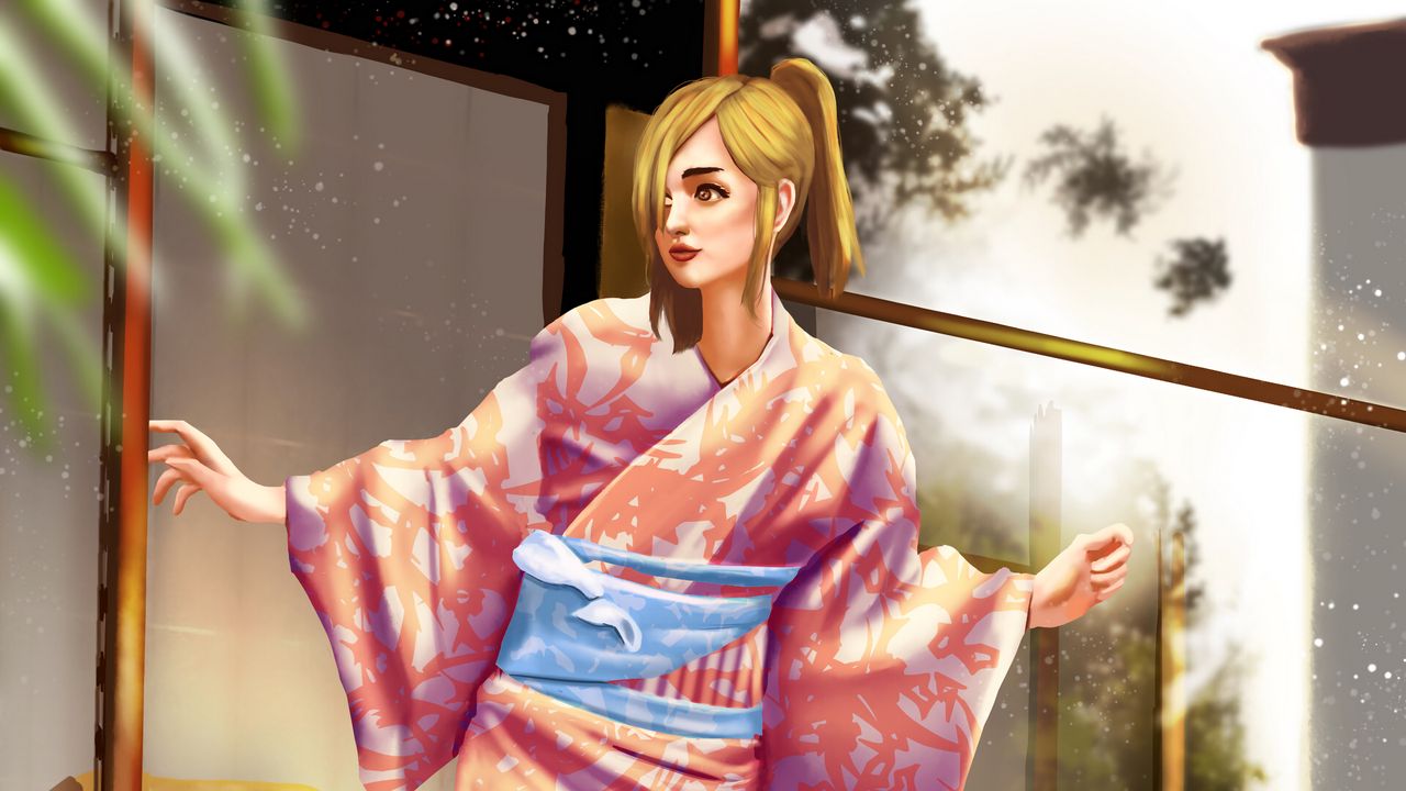 Обои девушка, кимоно, япония, арт