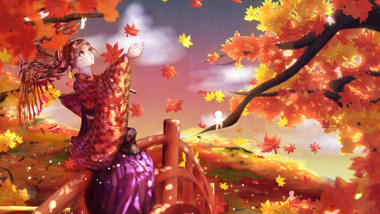 Обои девушка, кимоно, кленовые листья, осень, аниме