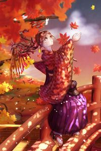 Превью обои девушка, кимоно, кленовые листья, осень, аниме