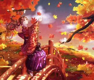 Превью обои девушка, кимоно, кленовые листья, осень, аниме