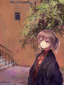 Превью обои девушка, кимоно, лестница, аниме, арт