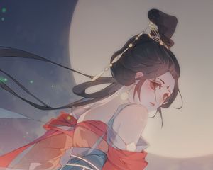 Превью обои девушка, кимоно, луна, аниме, арт