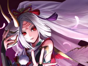 Превью обои девушка, кимоно, маска, аниме, арт