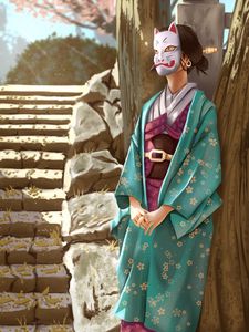 Превью обои девушка, кимоно, маска, арт, япония