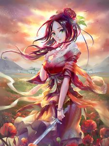 Превью обои девушка, кимоно, меч, аниме, арт