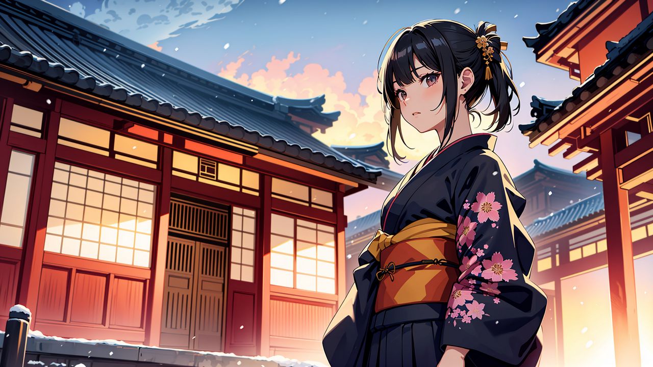 Обои девушка, кимоно, пагода, арт, аниме