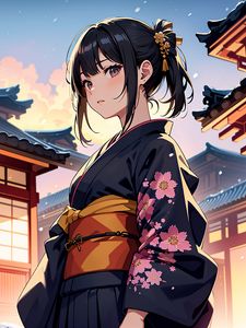 Превью обои девушка, кимоно, пагода, арт, аниме
