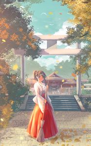 Превью обои девушка, кимоно, пагода, храм, аниме, арт