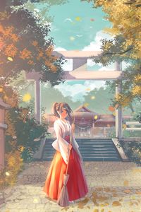 Превью обои девушка, кимоно, пагода, храм, аниме, арт