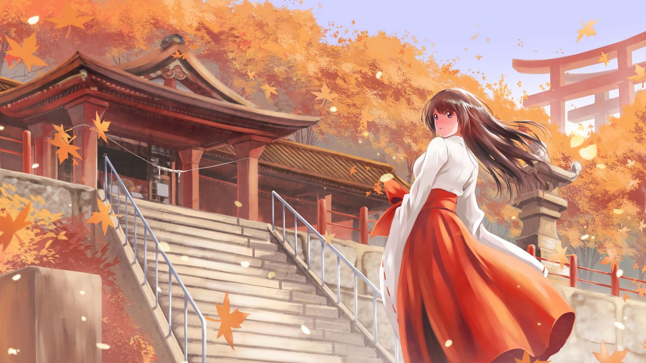 Обои девушка, кимоно, пагода, осень, аниме, арт