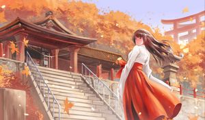 Превью обои девушка, кимоно, пагода, осень, аниме, арт