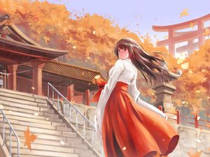 Превью обои девушка, кимоно, пагода, осень, аниме, арт