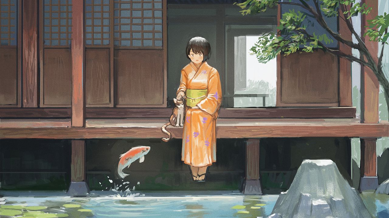 Обои девушка, кимоно, пруд, рыбки, подводный мир