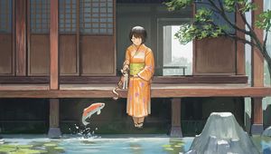 Превью обои девушка, кимоно, пруд, рыбки, подводный мир