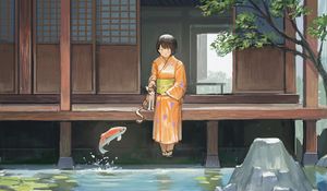 Превью обои девушка, кимоно, пруд, рыбки, подводный мир