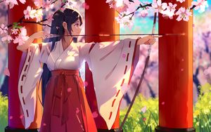 Превью обои девушка, кимоно, стрела, цветы, аниме