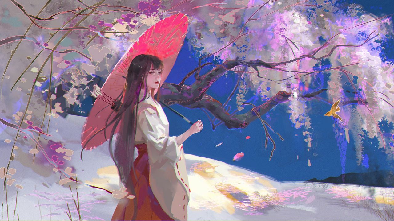 Обои девушка, кимоно, стрелы, зонт, япония, арт