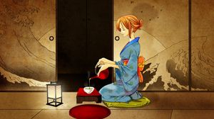 Превью обои девушка, кимоно, церемония, чай