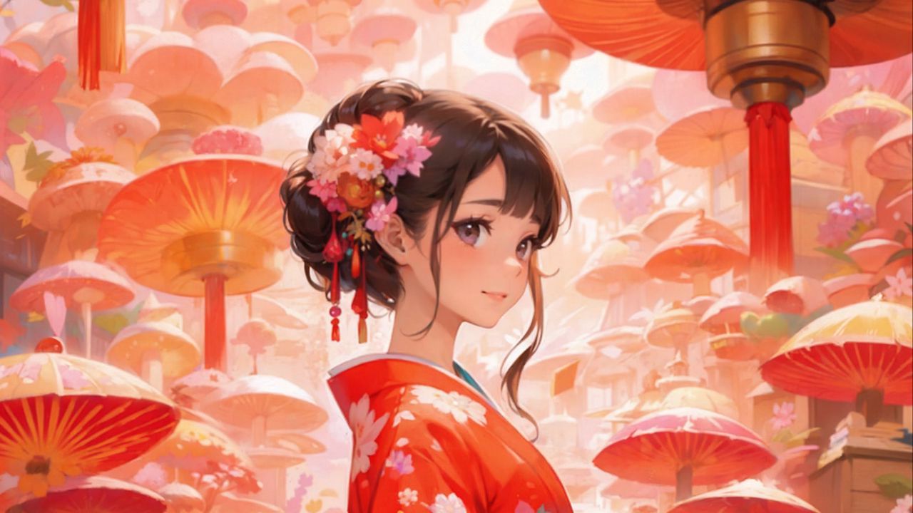 Обои девушка, кимоно, цветы, грибы, аниме, арт