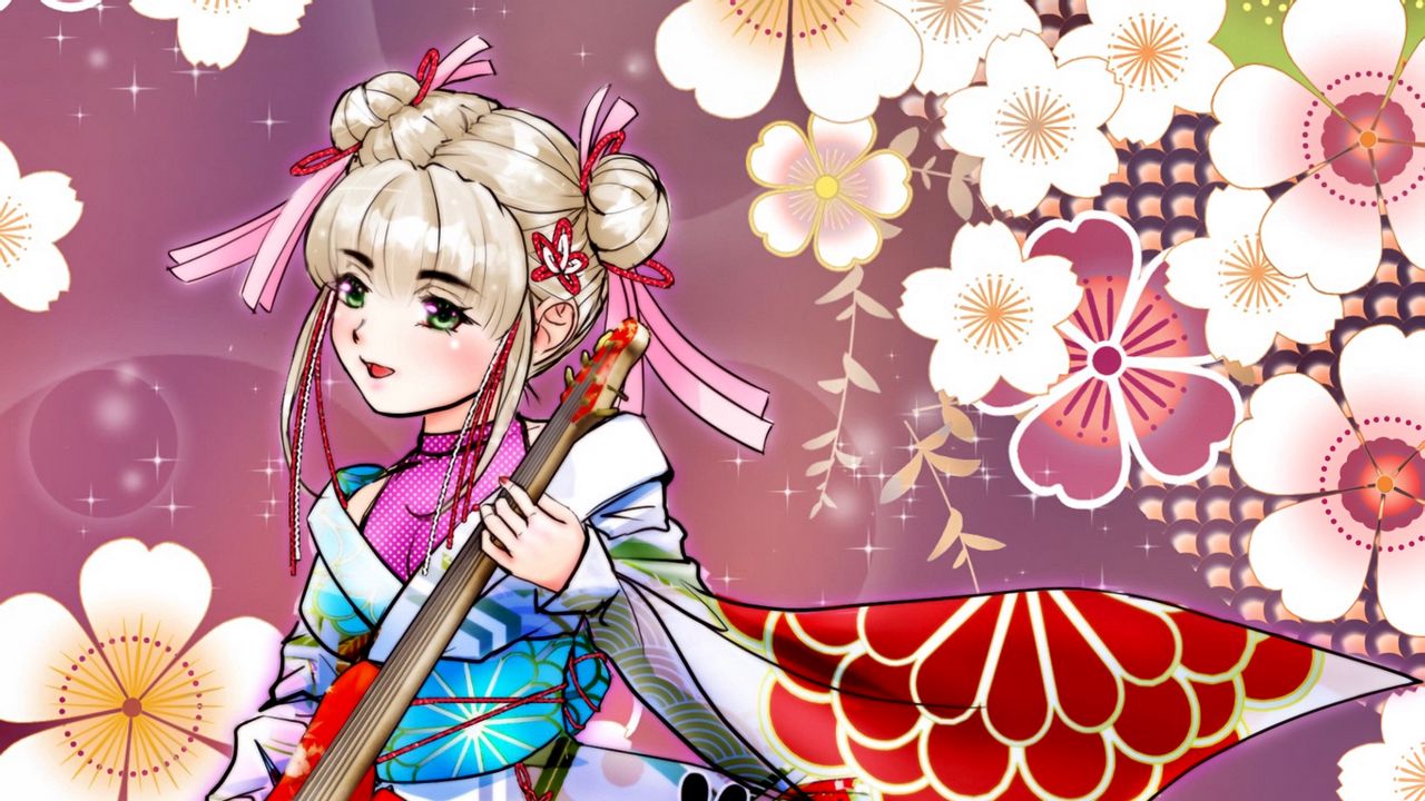 Обои девушка, кимоно, цветы, гитара, аниме
