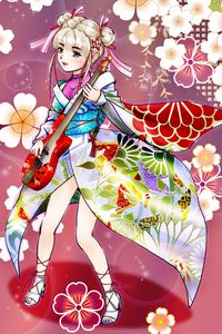 Превью обои девушка, кимоно, цветы, гитара, аниме