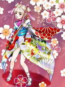 Превью обои девушка, кимоно, цветы, гитара, аниме