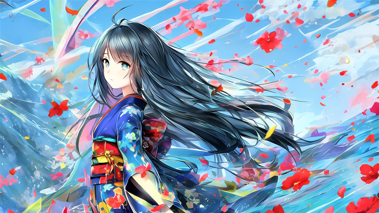 Обои девушка, кимоно, цветы, ветер, аниме