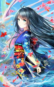 Превью обои девушка, кимоно, цветы, ветер, аниме
