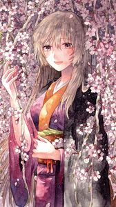 Превью обои девушка, кимоно, улыбка, цветы, аниме, арт