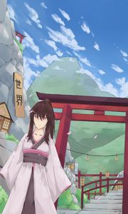 Превью обои девушка, кимоно, ворота, аниме, япония