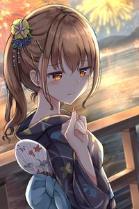 Превью обои девушка, кимоно, жест, фейерверки, аниме