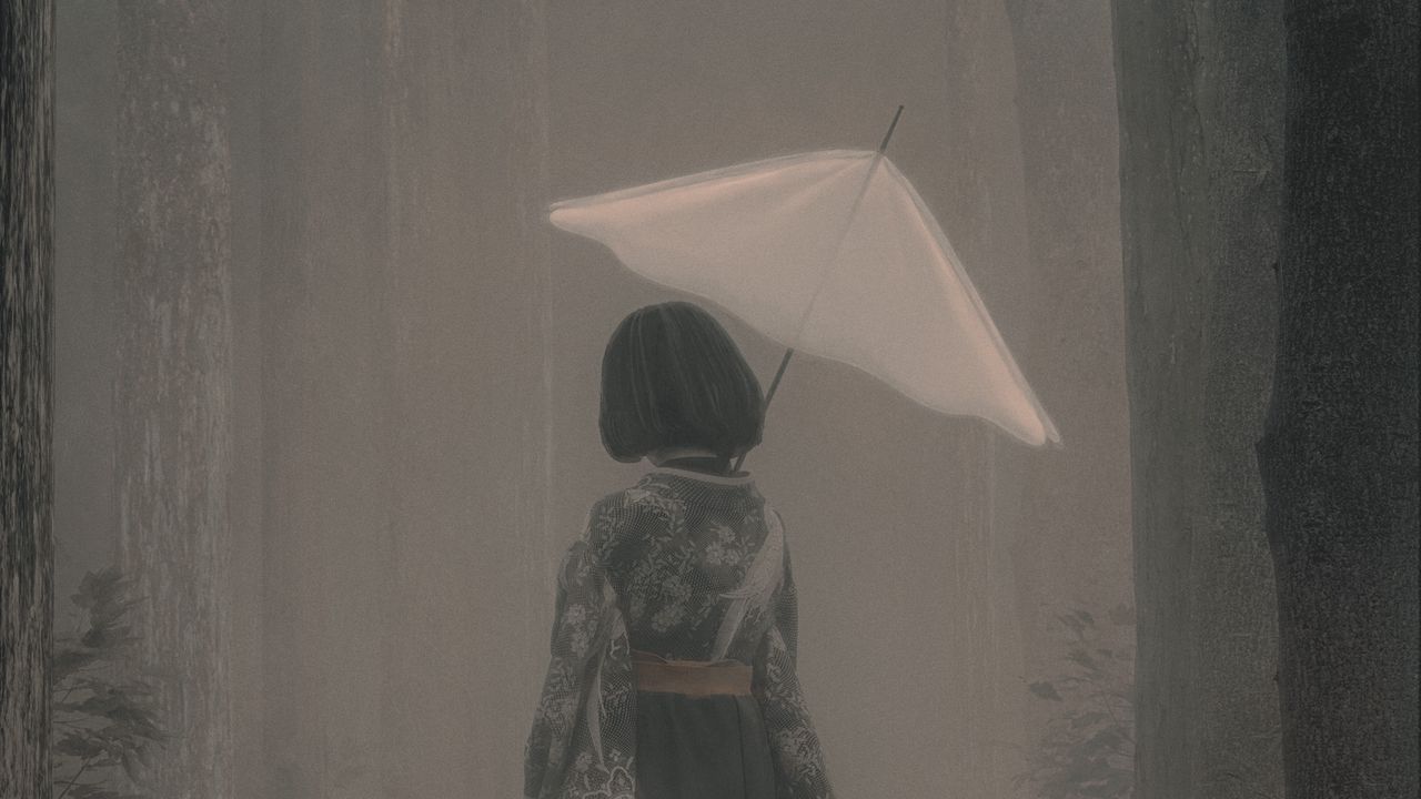 Обои девушка, кимоно, зонт, туман, арт