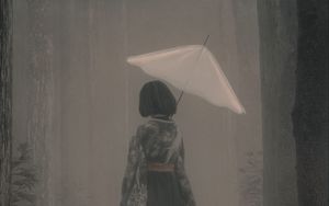 Превью обои девушка, кимоно, зонт, туман, арт