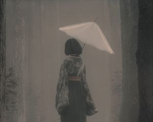 Превью обои девушка, кимоно, зонт, туман, арт