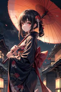 Превью обои девушка, кимоно, зонтик, украшение, бант, аниме