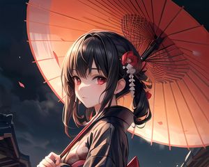 Превью обои девушка, кимоно, зонтик, украшение, бант, аниме