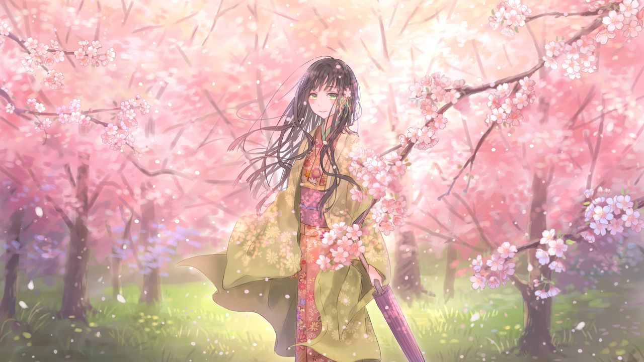 Обои девушка, кимоно, зонтик, сакура, лепестки, аниме, арт