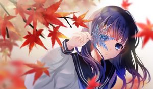 Превью обои девушка, клен, листья, аниме