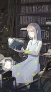 Превью обои девушка, книга, библиотека, чтение, аниме