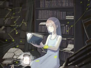 Превью обои девушка, книга, библиотека, чтение, аниме