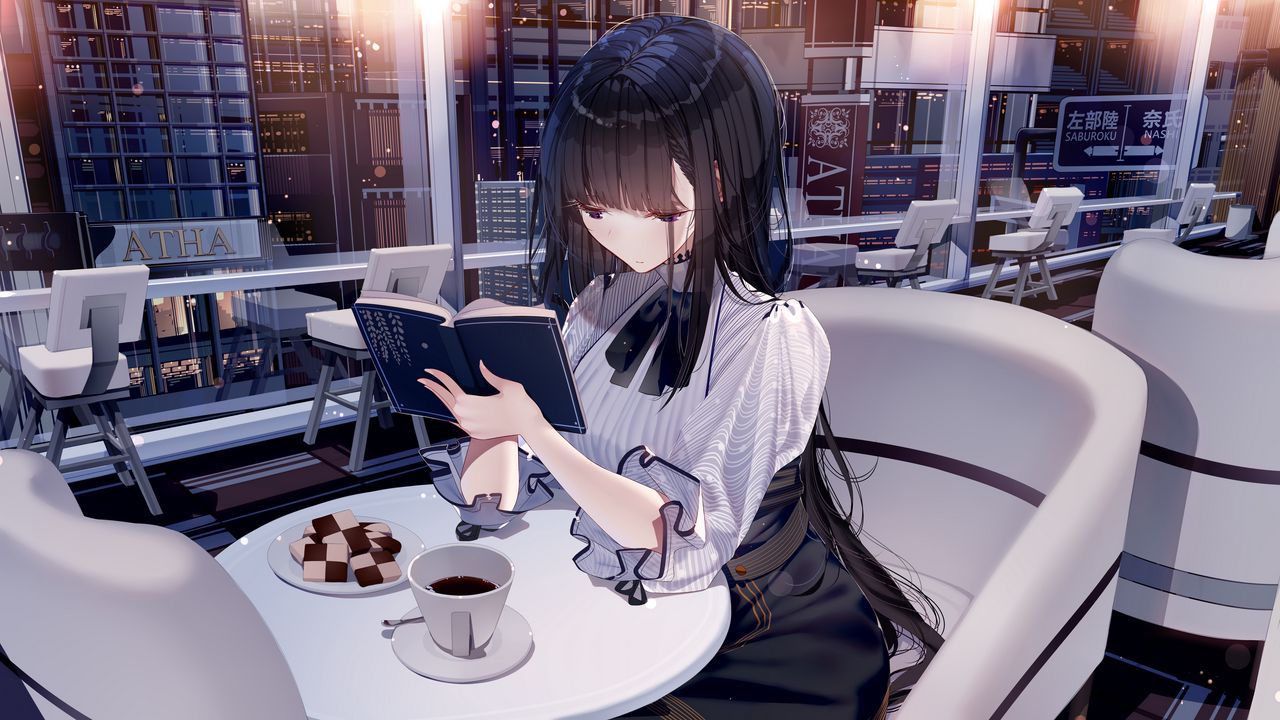 Обои девушка, книга, кофе, ресторан, аниме