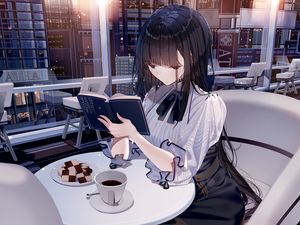 Превью обои девушка, книга, кофе, ресторан, аниме