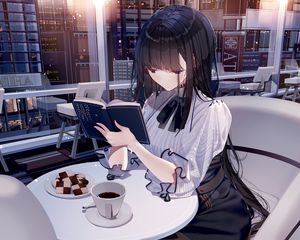 Превью обои девушка, книга, кофе, ресторан, аниме