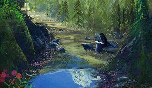 Превью обои девушка, книга, одиночество, природа, арт