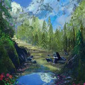 Превью обои девушка, книга, одиночество, природа, арт
