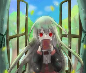 Превью обои девушка, книга, окно, аниме